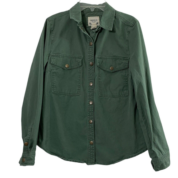 FOREVER 21 MIlitary Jacket Womens Small Green  Snap Up Front Pockets Long Sleeve - Picture 1 of 7